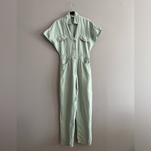 ZARA Green Khaki Linen Blend Short Sleeve Jumpsuit Sz XS - Picture 2 of 13